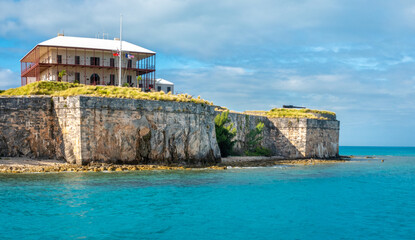 Fort and historical buildings at the entrance of the Royal Naval Dockyard, Bermuda, British...