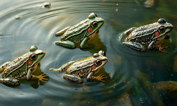 A serene pond scene featuring four frogs swimming and creating ripples in the water.