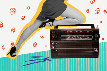 Composite art 3d creative image collage of anonym girls legs flexible radio boombox occasion nightclub dance entertainment