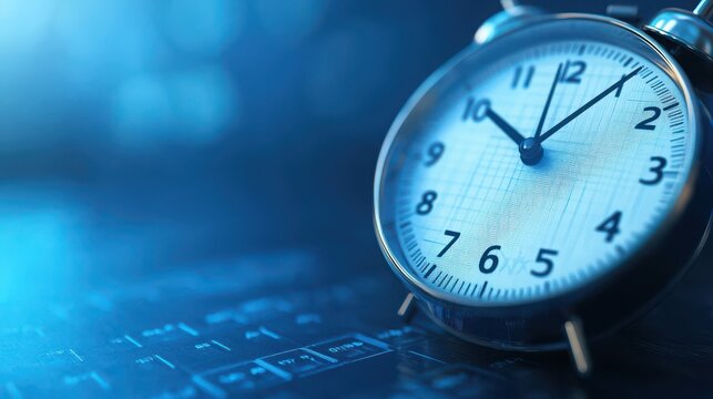 A close-up of a vintage alarm clock against a blurred blue background, emphasizing time and precision in a modern context.