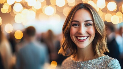 Fototapeta premium A smiling woman with shoulder-length hair, illuminated by warm lights, stands in a lively event setting, exuding joy and confidence.