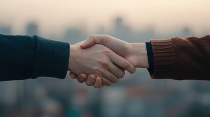 A close-up of two hands shaking, symbolizing agreement, cooperation, or connection against a blurred cityscape backdrop.