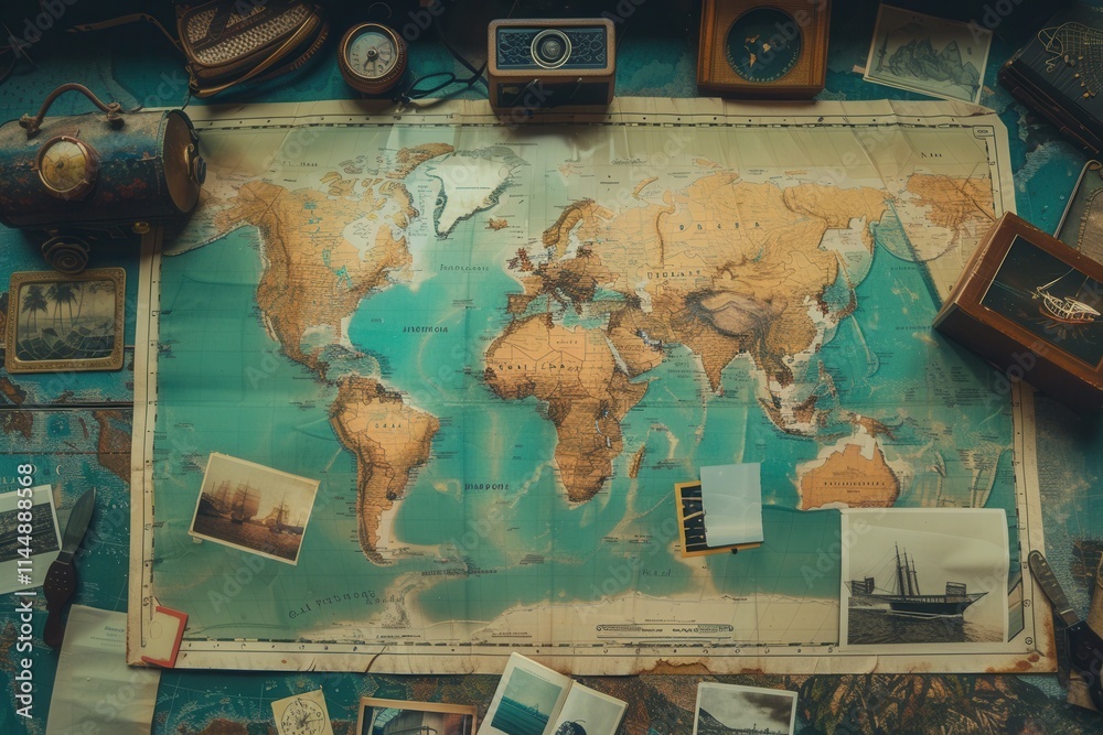 Fototapete Travel memories displayed on a world map backdrop with empty space for new adventures. Generative AI
