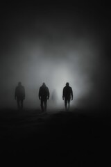 Silhouetted figures walk toward light in fog.