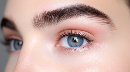 Obraz premium Close-up of woman's blue eye showcasing natural beauty and detailed eyelashes in soft lighting