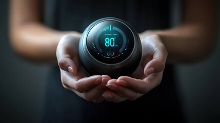 Fototapeta premium Woman holding a modern, spherical, smart thermostat with a digital display showing 80 degrees.