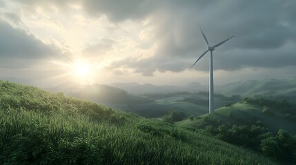 Realistic depiction of a wind turbine standing tall against a backdrop of green hills and a cloudy sky during sunset