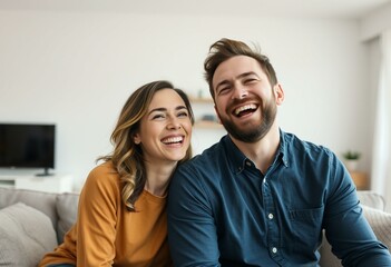 Obraz premium Joyful portrait of a couple in a modern living room