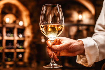 Obraz premium Elegant wine tasting experience in rustic cellar setting