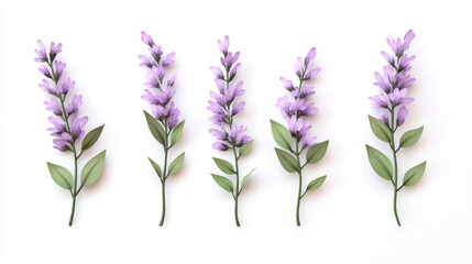 Naklejka premium A minimalist cut-out style graphic of vibrant lavender sprigs, finely detailed petals, soft green stems, sharp separation from a clean white background, emphasized vivid purples and subtle texture, hd