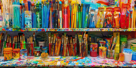 Fototapeta premium Assortment of Paintbrushes and Paint Containers on Shelves