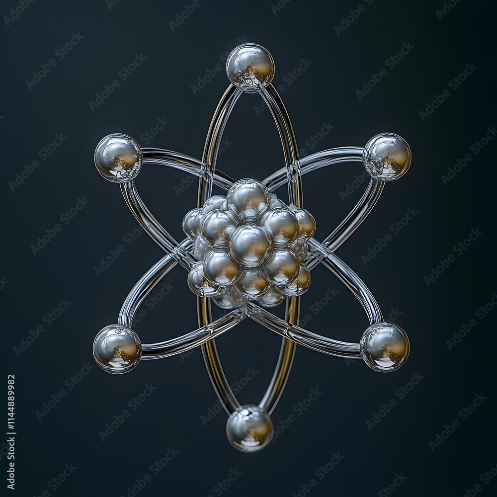 Poster technetium atom model highlighting its internal subshells orbitals and advanced applications in medi
