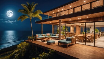 Fototapeta premium A beautiful wooden house with large glass windows overlooking the ocean at night