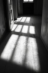Sunlit floorboards, aged walls, open doorway.