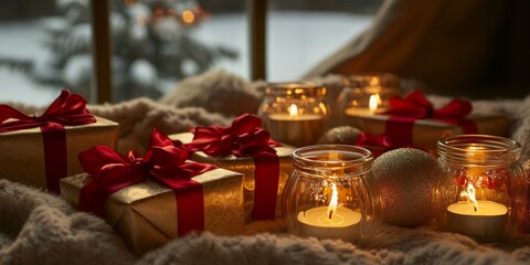 Obraz premium Warm holiday scene with glowing candles and luxurious Christmas presents tied with red ribbons on a cozy blanket