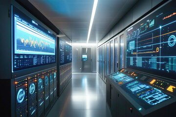 Modern data center with advanced technology and digital interfaces