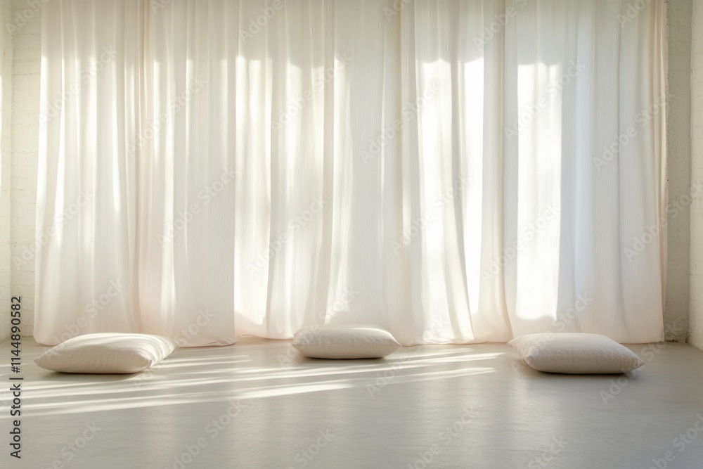 Poster minimalist serenity abstract light play on curtains and floor cushions in a tranquil space