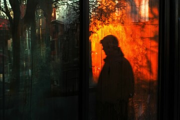 Silhouette reflected, orange glow, window, city scene.
