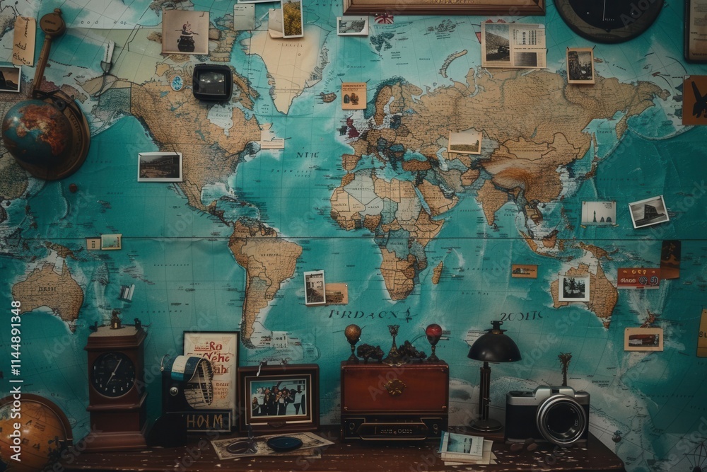Aufkleber travel memories displayed on a world map backdrop with vintage items and photo inspirations. generat