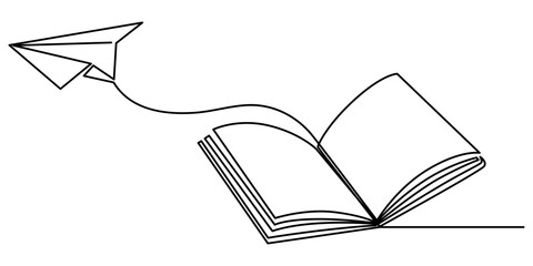 Book with flying paper airplane continuous line drawn. Education linear symbol. Vector illustration isolated on white, Opened book and flying paper plane continuous one line drawing. Hand drawn line. 