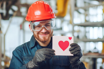 Caucasian male adult worker holding heart card in industrial setting