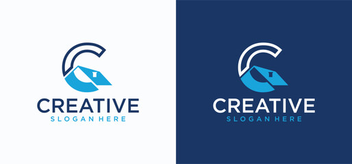 Letter C building logo design, house logo C with building roof concept.