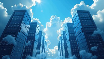 Data servers rising to the sky with blue atmosphere and clouds, representing cloud computing, digital transformation and information technology.