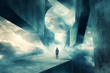 Person stands alone, futuristic structure, cloudy sky.