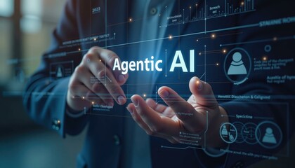 Close Up View of Human Hands Interacting with Agentic Artificial Intelligence, Displaying Futuristic Data on Transparent Screen, Concept of Advanced Technology