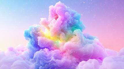 Fototapeta premium Vibrant pastel clouds billowing in a dreamlike sky with a glowing center, rendered in soft shades of pink, blue, and purple.