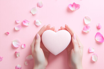 Female hands holding heart-shaped soap amidst pink rose petals on pastel background