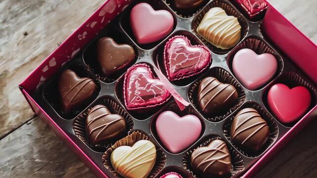 A box of heart-shaped chocolates, perfect for Valentine's Day or a romantic gift.  Sweet treats in assorted colors and flavors.