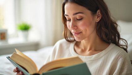 Naklejka premium Woman Reading Aloud From a Book in Natural Window Light