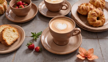 Fototapeta premium A cozy breakfast table is set with mocha mousse dishes, a cappuccino crowned with foam, fresh strawberries, and flaky pastries, creating a warm morning atmosphere