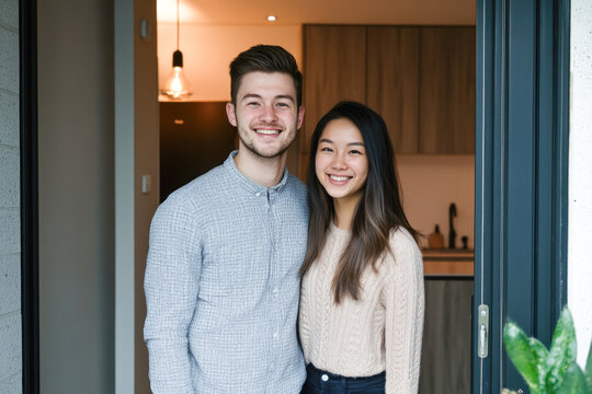 Smiling young caucasian male and asian female couple at home entrance - Powered by Adobe