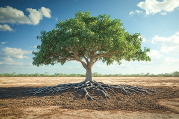 Obraz premium Lone green tree with expansive roots in arid desert landscape under clear blue sky