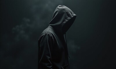 hooded figure dark background moody lighting side profile