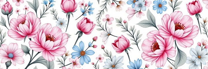 Elegant floral pattern with large pink peonies, blue daisies, and grey leaves against a clean white background, ideal for spring designs and feminine themed projects.