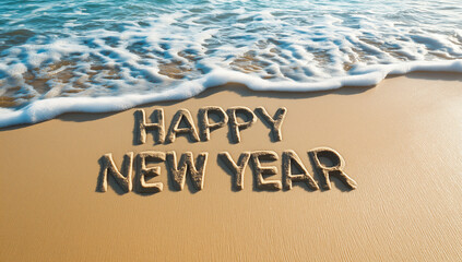 Fototapeta premium 2024 New Year Goals Planning – Numbers on Brown Sand with Blue Ocean Waves, Investment Concept and Copy Space for Design