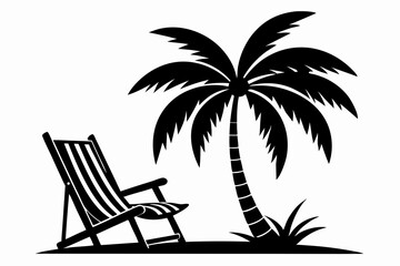 beach chair and palm tree line art silhouette vector illustration