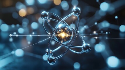 Highly detailed 3D visualization of a technetium atom showcasing its nuclear structure and the role of its radioactive isotopes in diagnostic imaging presented in a clean