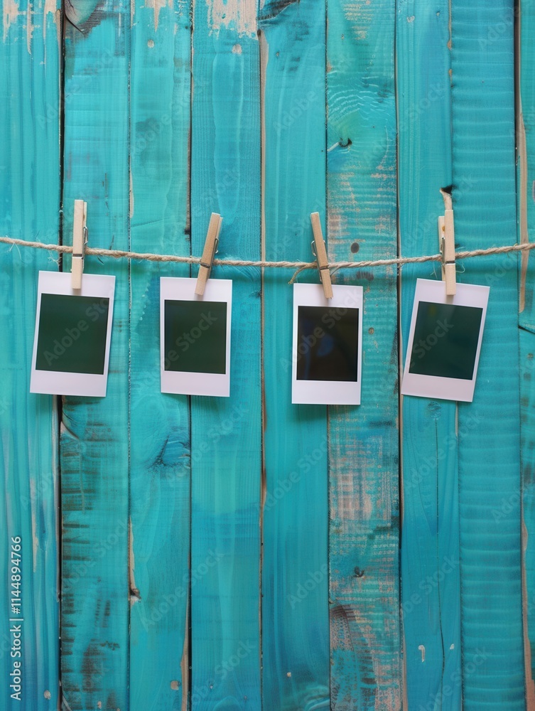 Poster Hanging Polaroid photos on a string over a vibrant turquoise wooden background in an inviting space. Generative AI