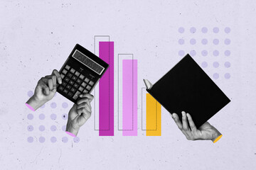 Photo cartoon comics sketch collage of hands hold book planner statistics chart analysis calculator finance income progress