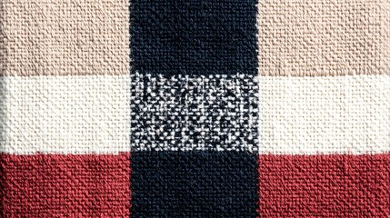 Textured Fabric with Plaid Pattern in Red, Beige, White, and Black