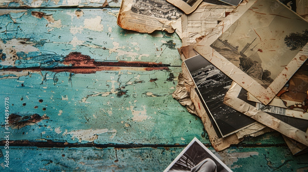 Aufkleber artistic photo collage showcasing vintage images on a rustic wooden surface with copy space for crea