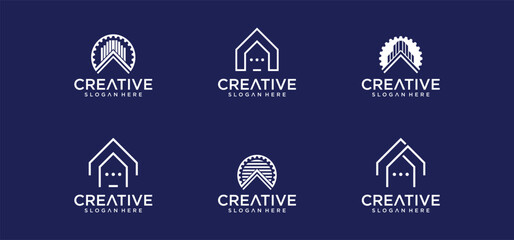 Fototapeta premium House logo design in line dot art style, building technology logo, modern buiding logo.