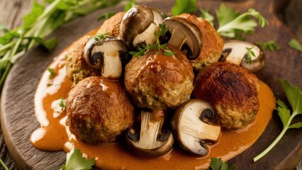 Delicious meatballs with mushrooms. The meatballs are golden and juicy, and the mushrooms are tender and browned. A dish on a wooden board with herbs and cream sauce.