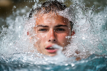 Obraz premium Caucasian young male swimming: dynamic water splash close-up