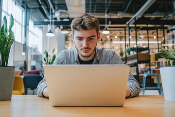 Young caucasian male adult using laptop in modern office workspace