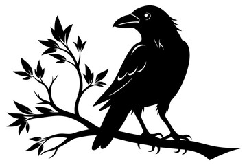 crow setting on a branch line art silhouette vector illustration